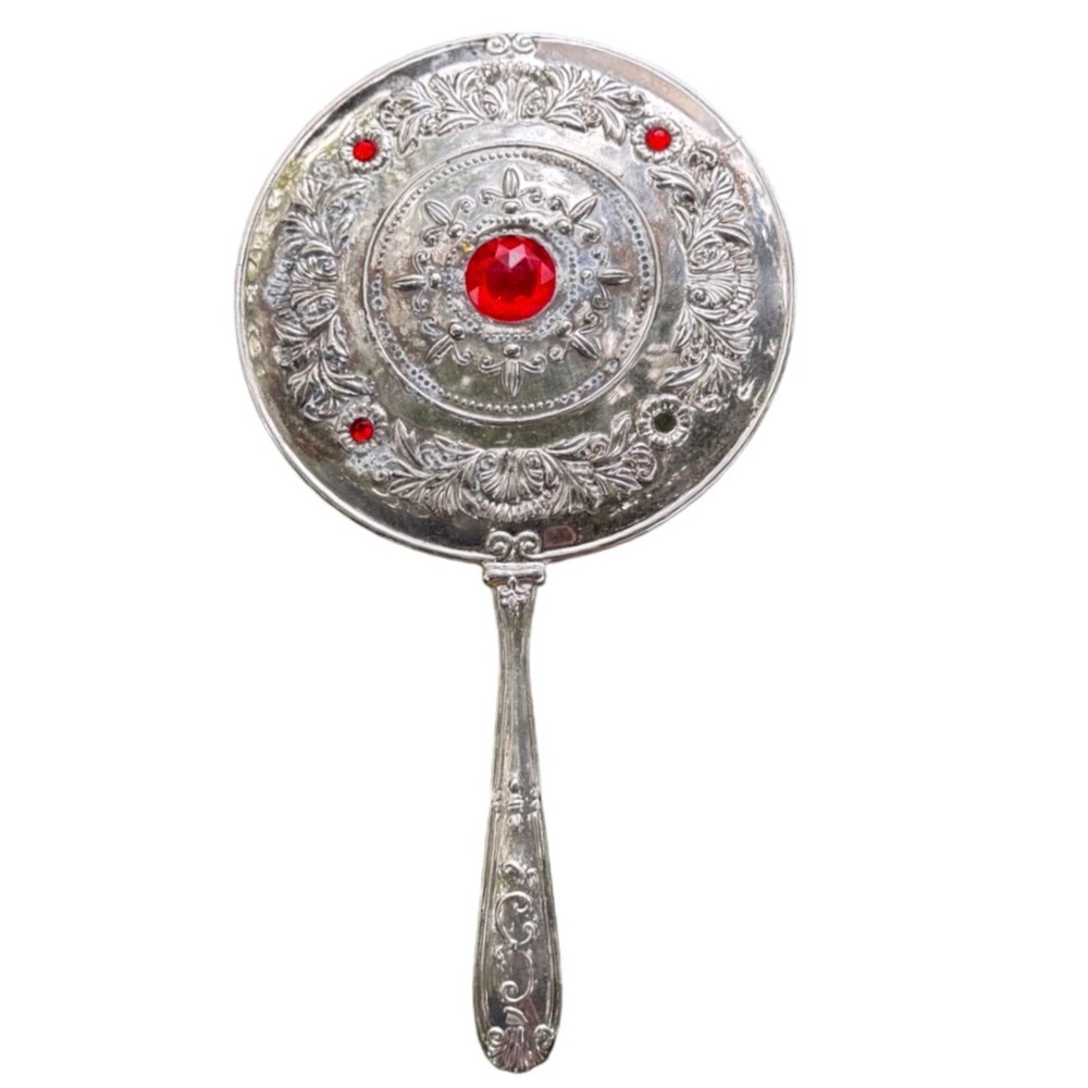 Godinger Silver Plated‎ Hand Vanity Mirror w/ Red Jewels Vintage Decor